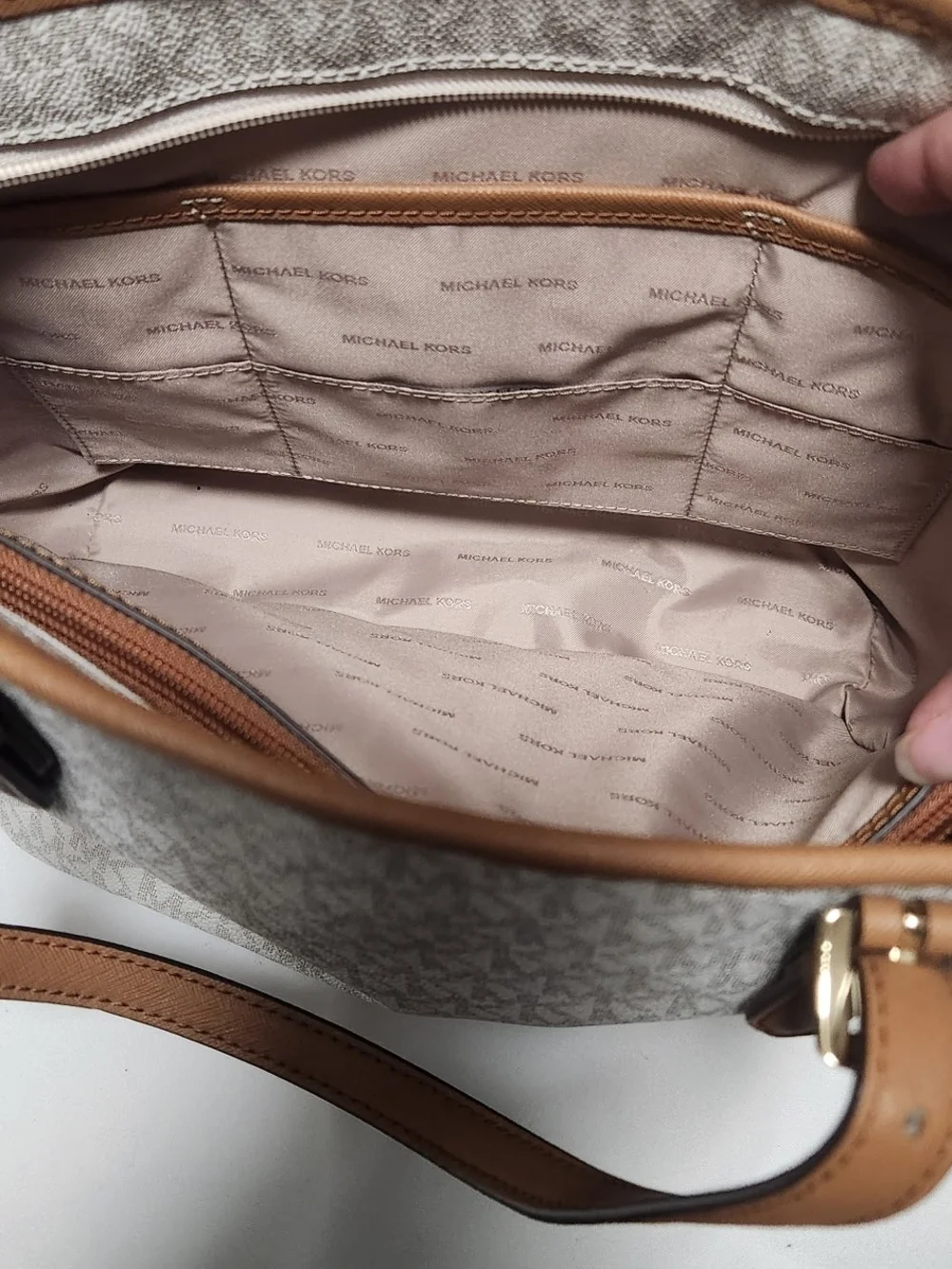 Michael Kors Ivory Monogram Tote with Tan Trim and Gold Charm